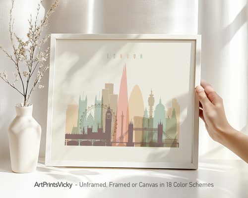 Art print featuring a stylized cityscape of London with iconic landmarks in soft colors.
