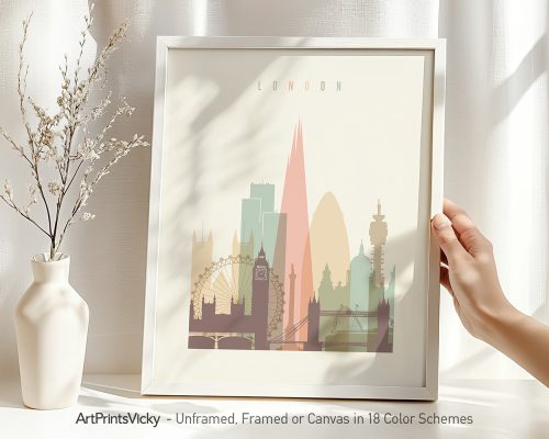 Art print featuring a stylized illustration of London's skyline with iconic landmarks.