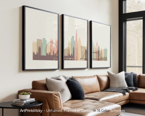 Three framed prints depicting a stylized cityscape of London with iconic landmarks.