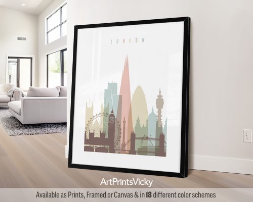 Framed print of a stylized London cityscape featuring iconic landmarks.