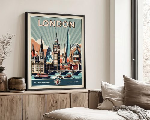 Framed print of London featuring iconic landmarks like Big Ben and the Shard.