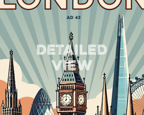 Illustration of London featuring iconic buildings like Big Ben and The Shard with a retro design.