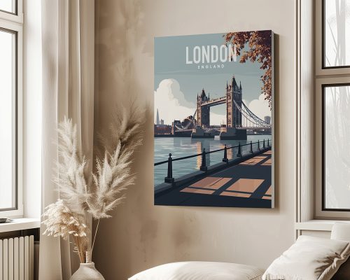 Art print of Tower Bridge in London with the word 'London' and a scenic background.