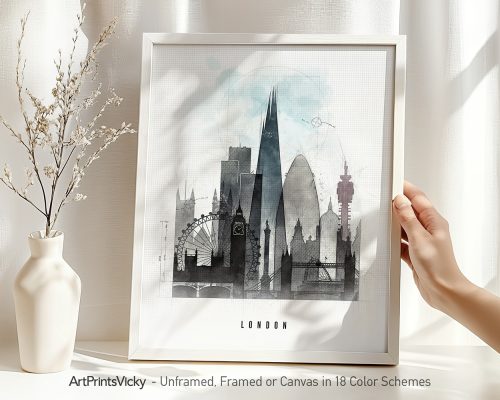 Framed artwork depicting a stylized cityscape of London with notable landmarks.