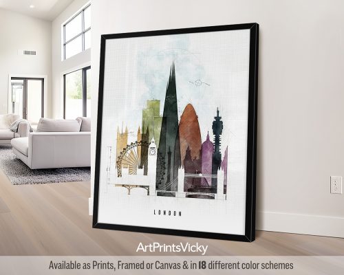 Framed art print of a London cityscape featuring iconic landmarks in a colorful design.
