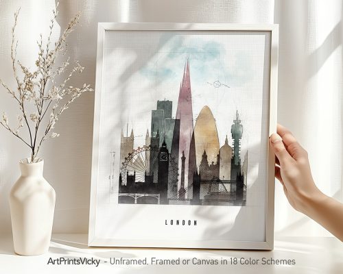 Art print of a London cityscape featuring notable landmarks in a watercolor style.