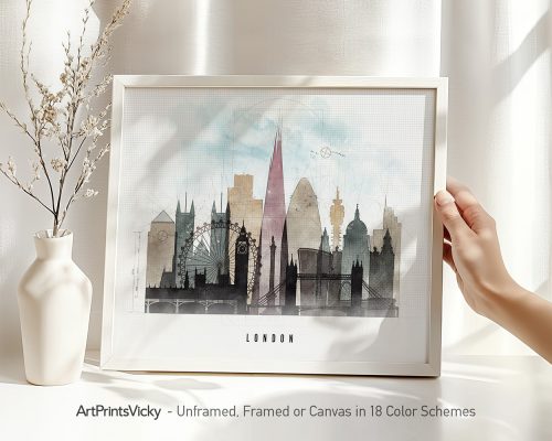 Art print depicting a stylized cityscape of London with notable landmarks in a minimalist design.