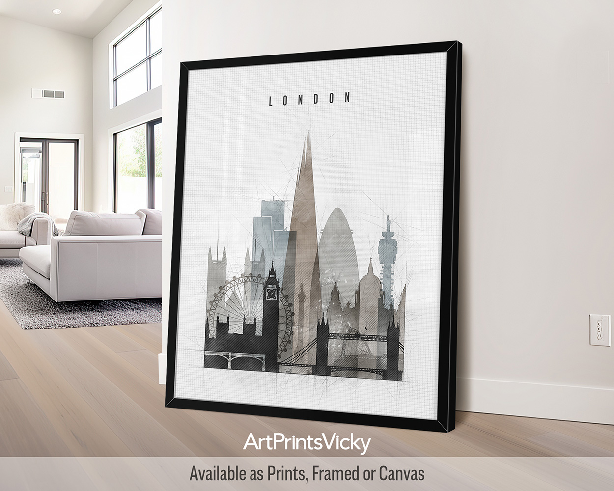 Framed artwork depicting a cityscape of London with notable landmarks in a minimalist style.