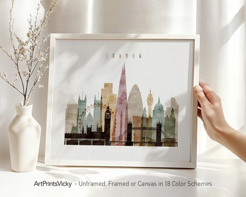 Art print of a London cityscape featuring iconic landmarks in a framed display.