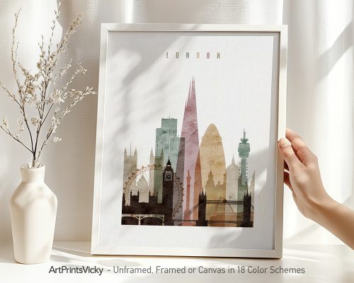 Art print featuring a stylized cityscape of London with notable landmarks in pastel colors.