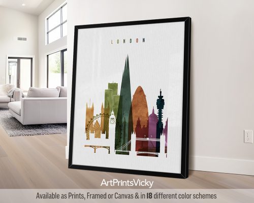 Framed artwork depicting the skyline of London with various iconic buildings.