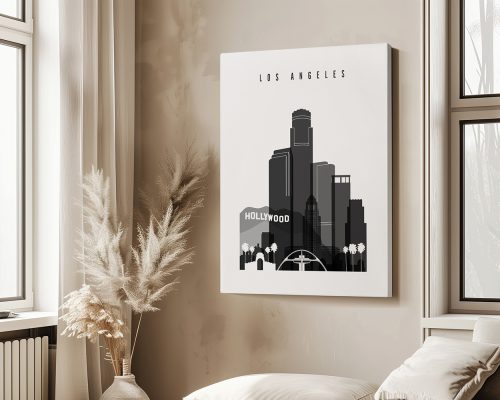 Black and white illustration of Los Angeles skyline with Hollywood sign and palm trees.