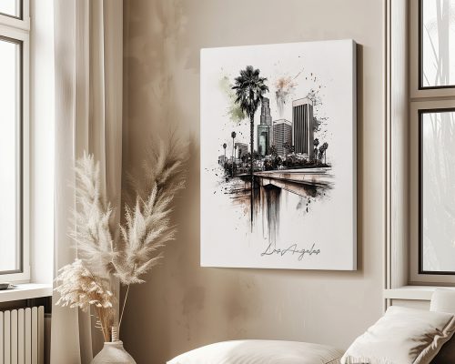 Artistic representation of Los Angeles skyline with palm trees and buildings.