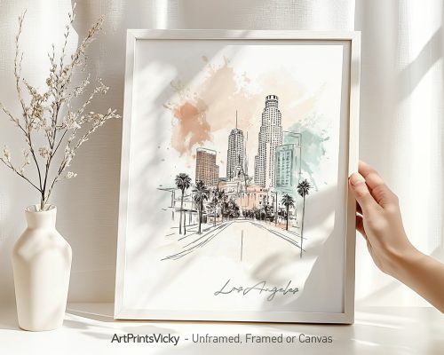 Artistic drawing of Los Angeles skyline with palm trees and buildings in a framed print.