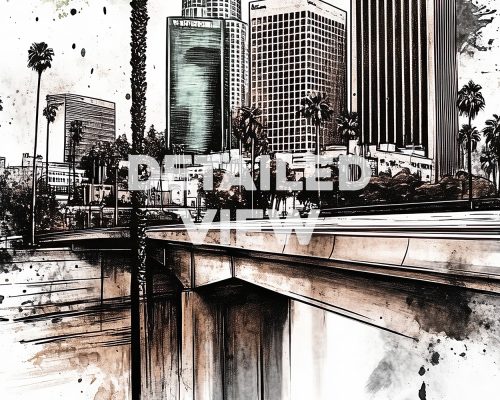 Illustration of a Los Angeles cityscape featuring buildings and palm trees.