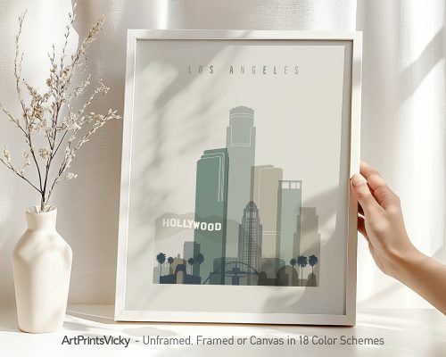 Framed print of a stylized Los Angeles cityscape featuring the Hollywood sign.