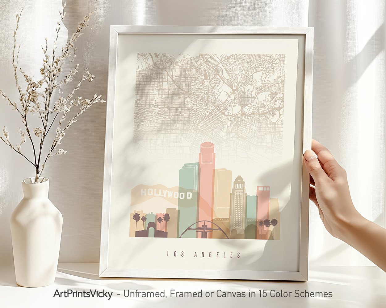 Map of Los Angeles featuring key landmarks and neighborhoods in a detailed design.