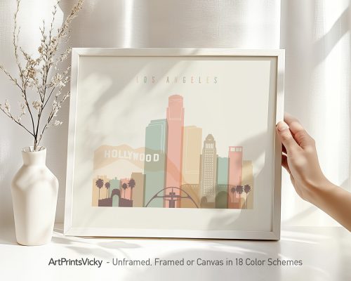 Framed print of a stylized Los Angeles cityscape with Hollywood sign and skyline.