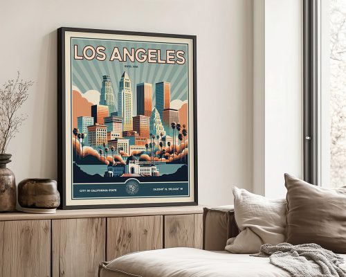 Retro-style poster of Los Angeles featuring skyscrapers and palm trees in a colorful design.