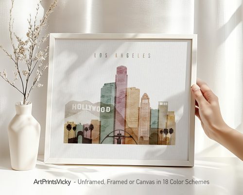 Art print featuring a stylized cityscape of Los Angeles with Hollywood sign and notable buildings.