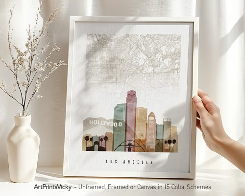 Art print of Los Angeles featuring a map background and Hollywood sign illustration.