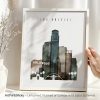 Art print featuring a stylized cityscape of Los Angeles with Hollywood sign and skyscrapers.
