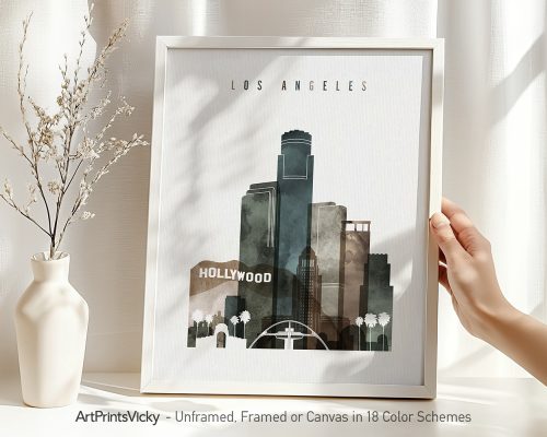 Art print featuring a stylized cityscape of Los Angeles with Hollywood sign and skyscrapers.