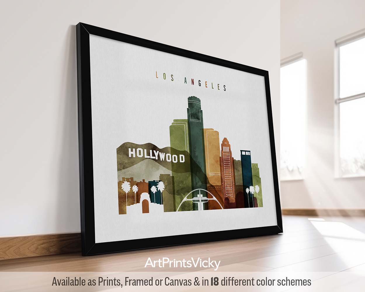 Art print featuring a stylized cityscape of Los Angeles with Hollywood sign and buildings.