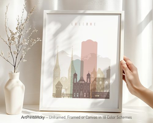 Art print featuring a stylized illustration of Lucerne's skyline with mountains in the background.