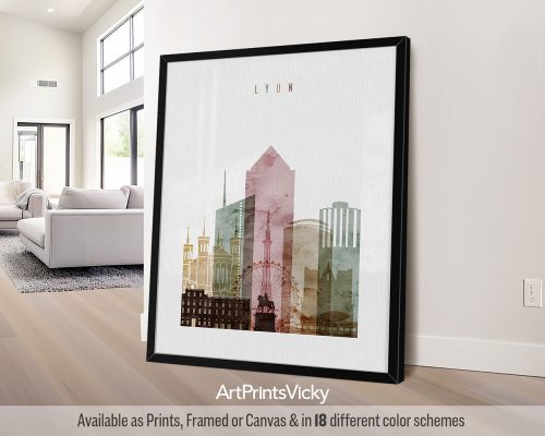 Art print featuring a stylized cityscape of Lyon with various iconic buildings and structures.