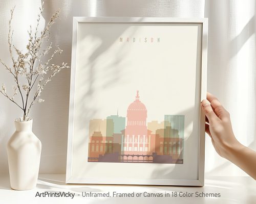 Art print featuring a stylized illustration of the Madison city skyline with a prominent building.