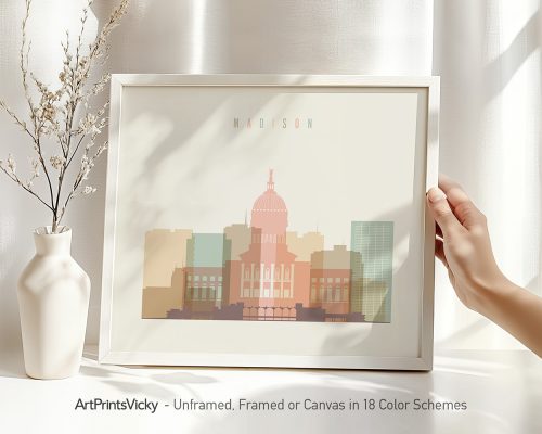Framed artwork depicting a stylized cityscape of Madison with a prominent dome structure.