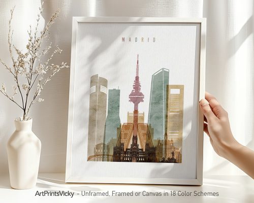 Art print of a stylized Madrid cityscape featuring notable buildings and a tower.