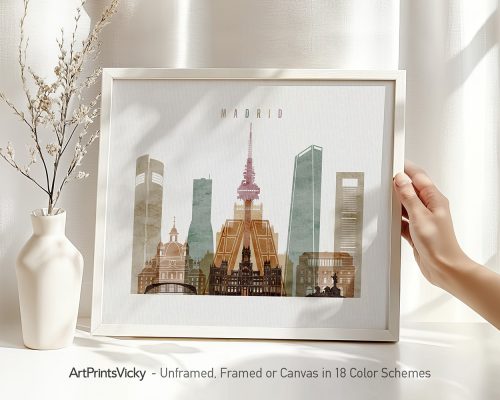 Framed artwork depicting a cityscape of Madrid with notable buildings and structures.
