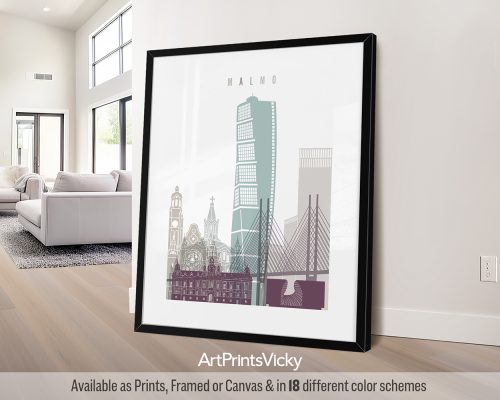 Art print featuring a stylized illustration of Malmo's skyline with various buildings.