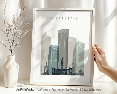 Art print of the Manchester city skyline featuring modern buildings and a historic clock tower.