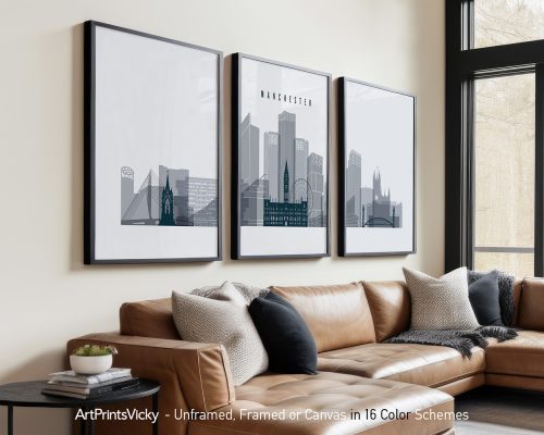 Three framed art prints of Manchester cityscape featuring notable buildings and structures.