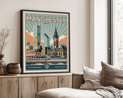 Retro-style poster of Manchester featuring iconic buildings and a bridge.