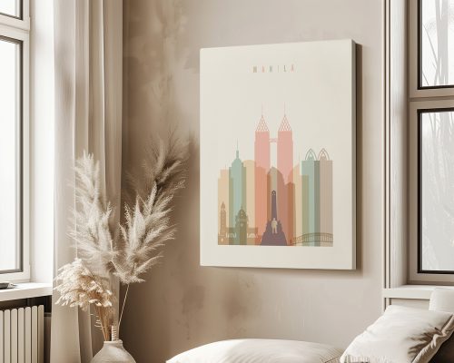 Stylized illustration of the Manila city skyline featuring various buildings in pastel colors.
