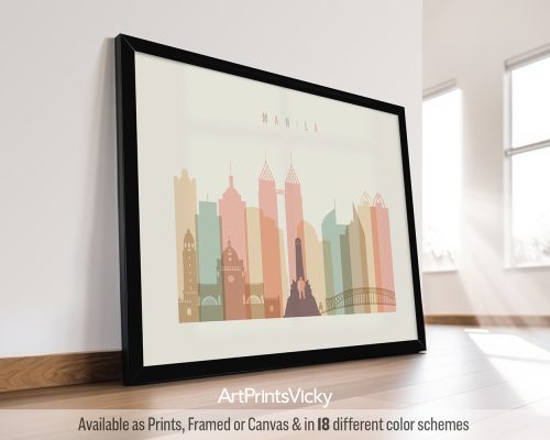 Illustration of Manila's skyline featuring various buildings and structures in pastel colors.