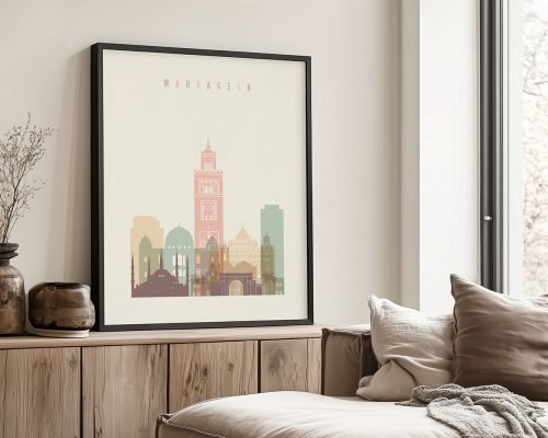 Art print of Marrakesh featuring iconic buildings and structures in a minimalist style.