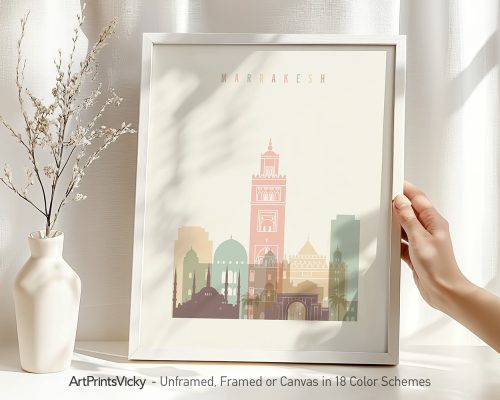 Art print of Marrakesh cityscape featuring iconic buildings in pastel colors.