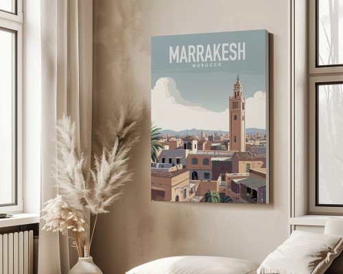 Illustrated travel poster of Marrakesh featuring a cityscape with a prominent minaret.