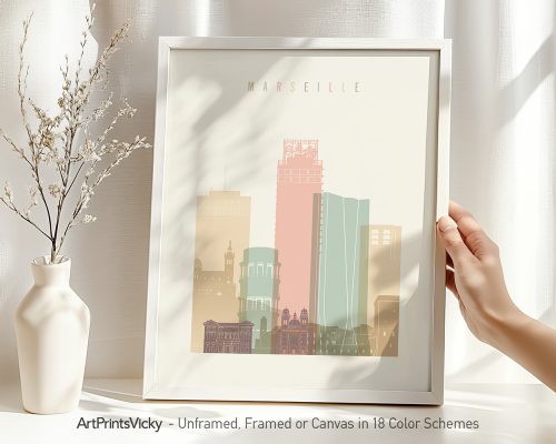 Art print featuring a stylized cityscape of Marseille with various building silhouettes.