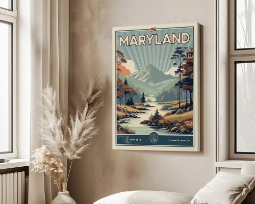 Retro poster artwork featuring mountains, trees, and a river with the word 'Maryland' at the top.