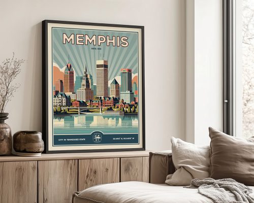 Framed poster of Memphis city skyline with retro design and vibrant colors.