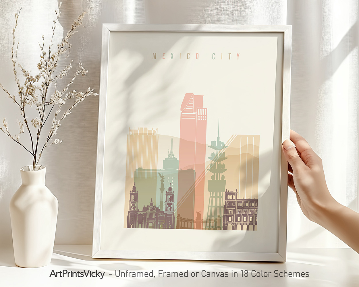 Art print featuring a stylized illustration of Mexico City skyline with notable buildings.