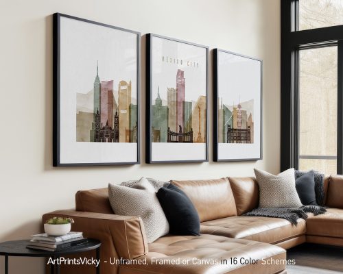 Three framed art prints of Mexico City skyline with various architectural styles displayed on a wall.