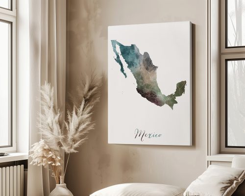 Artistic representation of a map of Mexico with a watercolor effect in various colors.