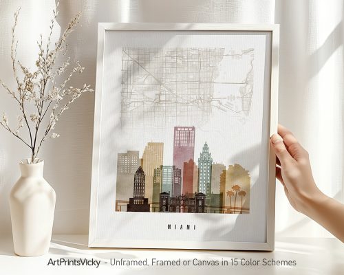 Art print of a Miami city map with a skyline silhouette in soft colors.